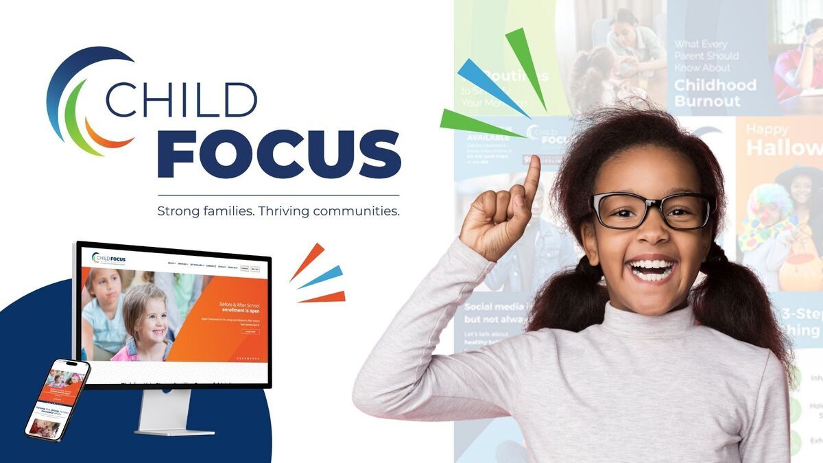 Child Focus logo and website with girl thinking